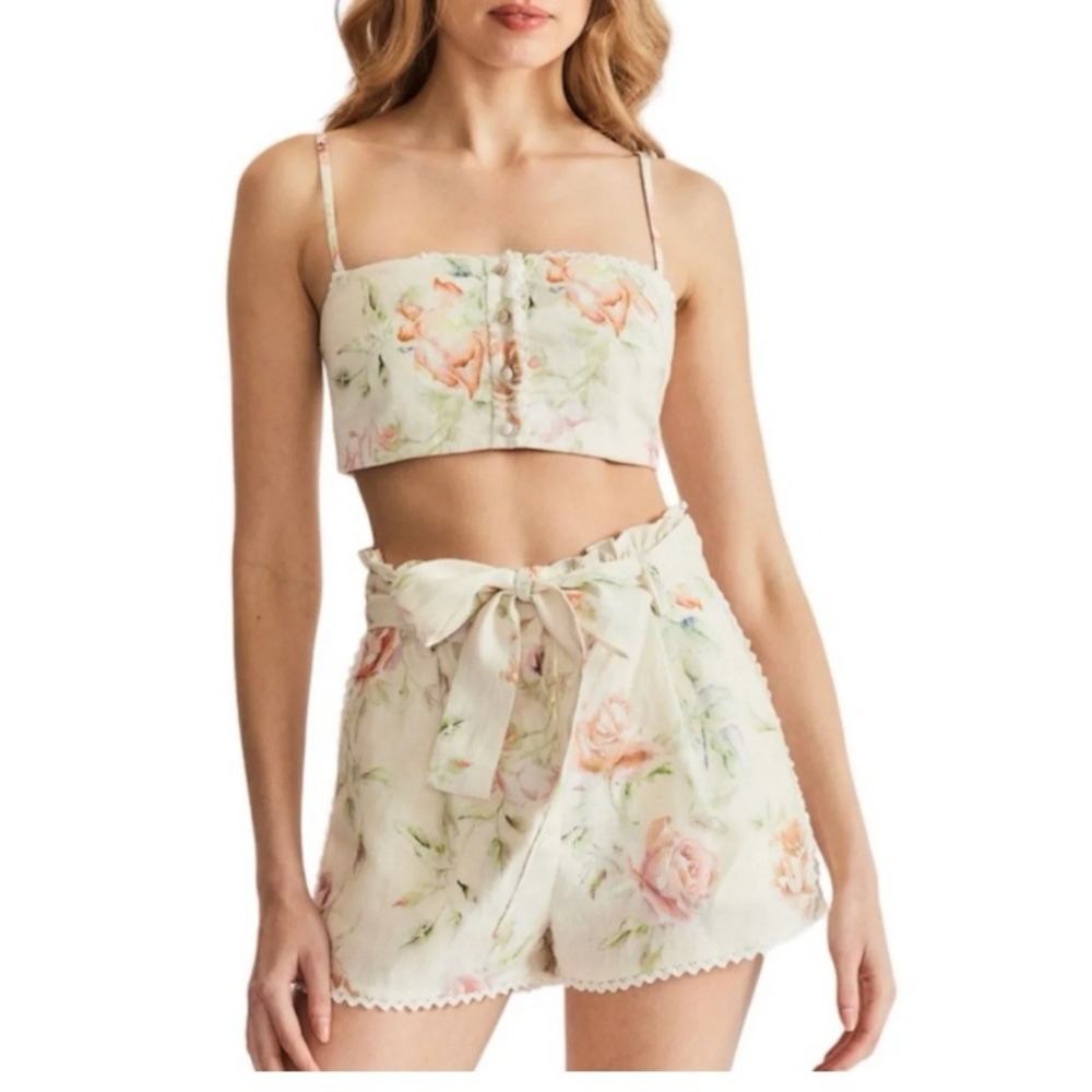 Caroline Constas Floral Linen Blend Crochet Belted Set Crop Top & Shorts Small